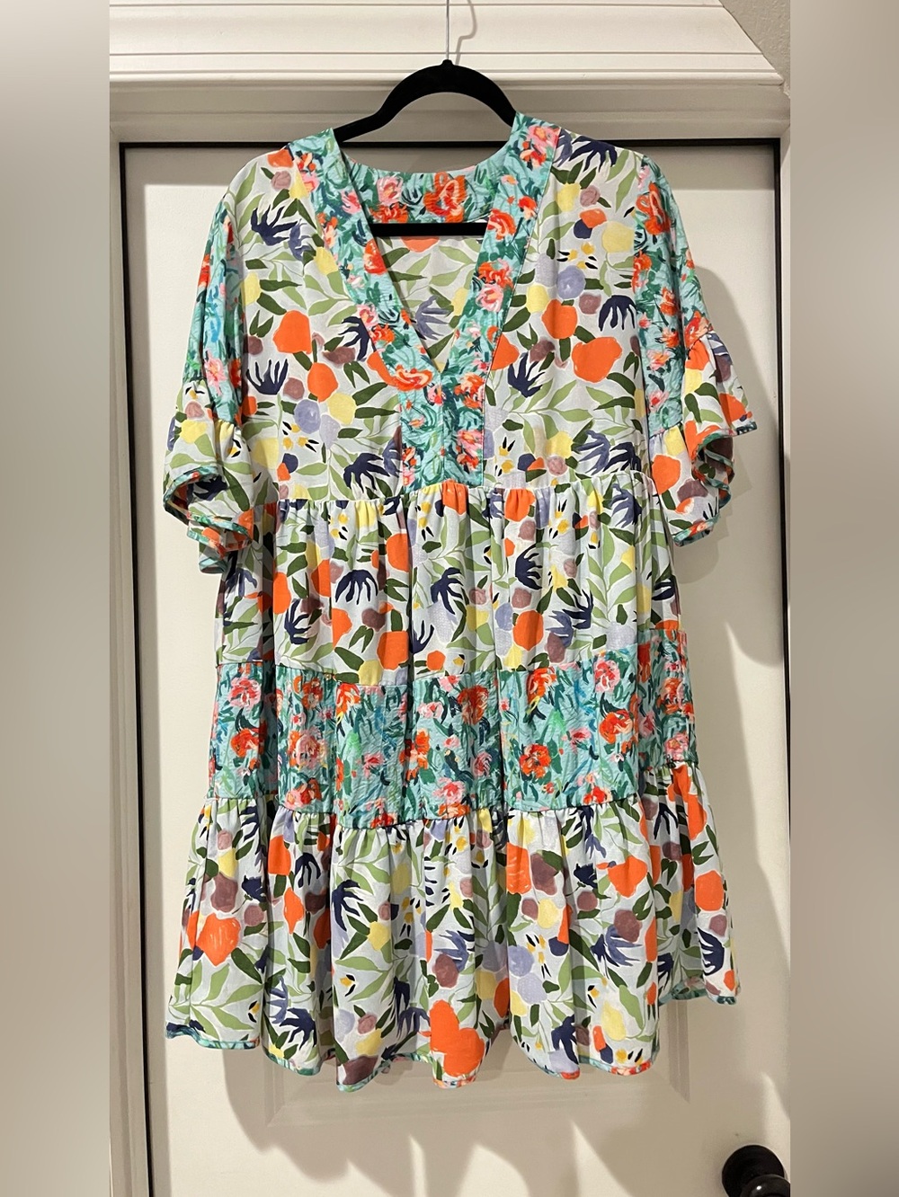 entro Multicolor Floral Tiered V-Neck Dress — Orange, Teal, Navy, Green - Picture 1 of 5